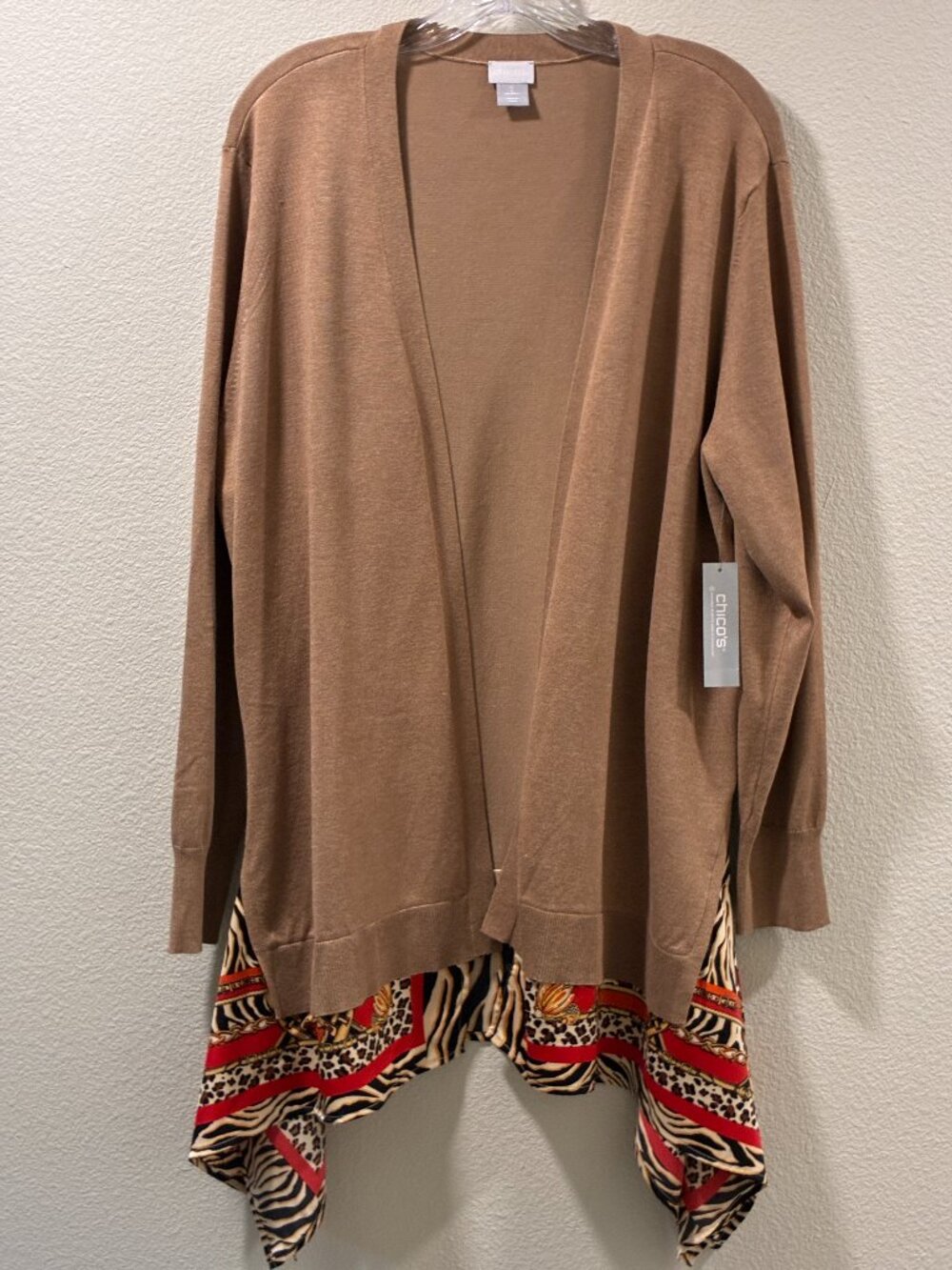 CHICO'S Scarf Hem Open Cardigan Knit Sweater Camel Tan Women L (Chico's 2)